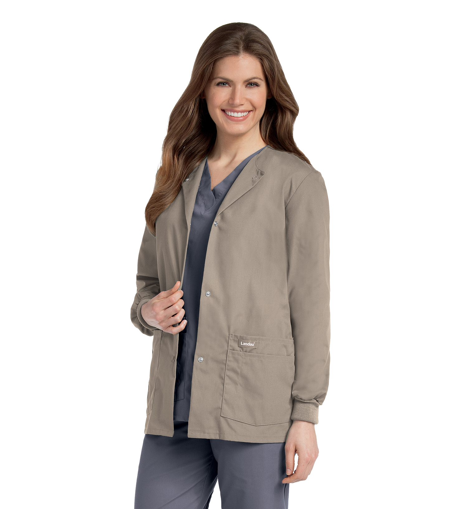 Landau Essentials Veste d'Uniforme à 4 Poches pour Femmes : Coupe Classique et Décontractée, Col Ras du Cou, devant à Boutons-Pression et Poignets en Tricot 7525