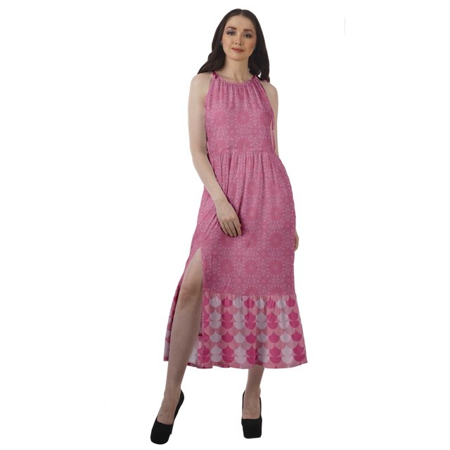 Moomaya Robe Maxi Sans Manches à Col Licou Imprimée avec Fente avant Robe d'Été pour Femme