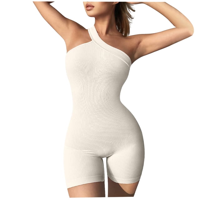 Mrat Board Shorts Ladies Femmes Été Uni Régulier Col Rond Sans Manches Femmes Manches Courtes une-Pièce Vêtement Femmes Demi Short Pantalon Été S-445 Blanc m
