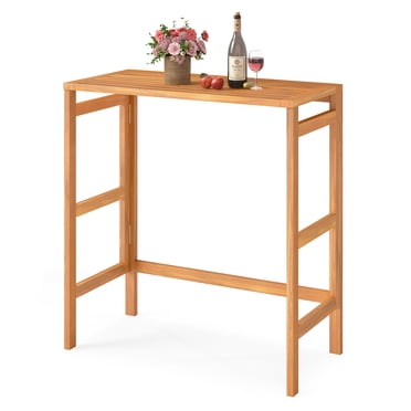 Gymax Table de Bar d'Extérieur en Bois d'Acacia avec Plateau à Lattes pour Balcon, Cour Arrière, Jardin