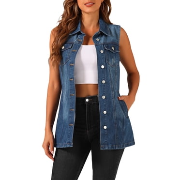 INSPIRE CHIC Gilet en Denim pour Femme Sans Manches à Boutons Mi-Long Gilet en Jean Décontracté TG Bleu Foncé