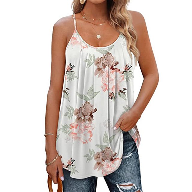 Innerwin Camisole Solid Color Women Tank Tops Party Sleeveless Loose Cami White L. A women's sleeveless tank top featuring a loose fit and a floral print design on a white background. Made from a soft and breathable cotton-polyester blend, it has a crew neckline and hip-length cut. Suitable for casual, vacation, or party wear, and pairs well with jeans or shorts.