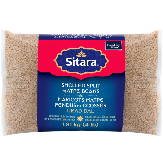 Sitara Haricots Rouges Décortiqués et Cassés, Emballage Contenant 1,81 kg (4 lb) de Haricots urad dal Cassés beige Pâle dans un Sac en Plastique Transparent avec Étiquette Rouge et Bleue, Considéré comme une source Très Élevée de Fibres et une source de potassium et de Fer, Idéal pour les Haricots Secs et les Lentilles pour le Garde-Manger.