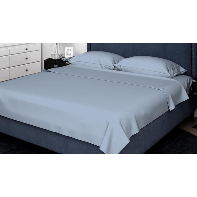 Johnson Home 200 TC Bed Sheet Set - 100% Cotton Sheets in light blue on a navy upholstered bed with matching pillowcases, set in a modern bedroom featuring a white dresser and black nightstand, showcasing breathable cotton fabric ideal for year-round comfort.