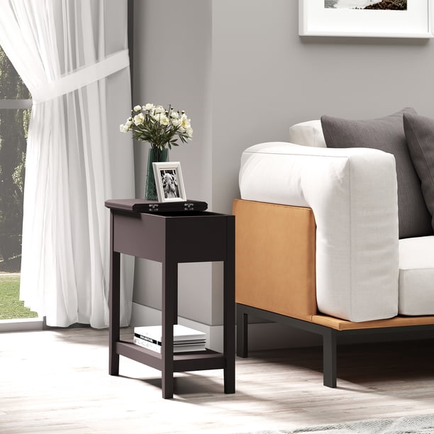 HOMCOM Flip Top End Table, Narrow Side Table with Storage Shelf