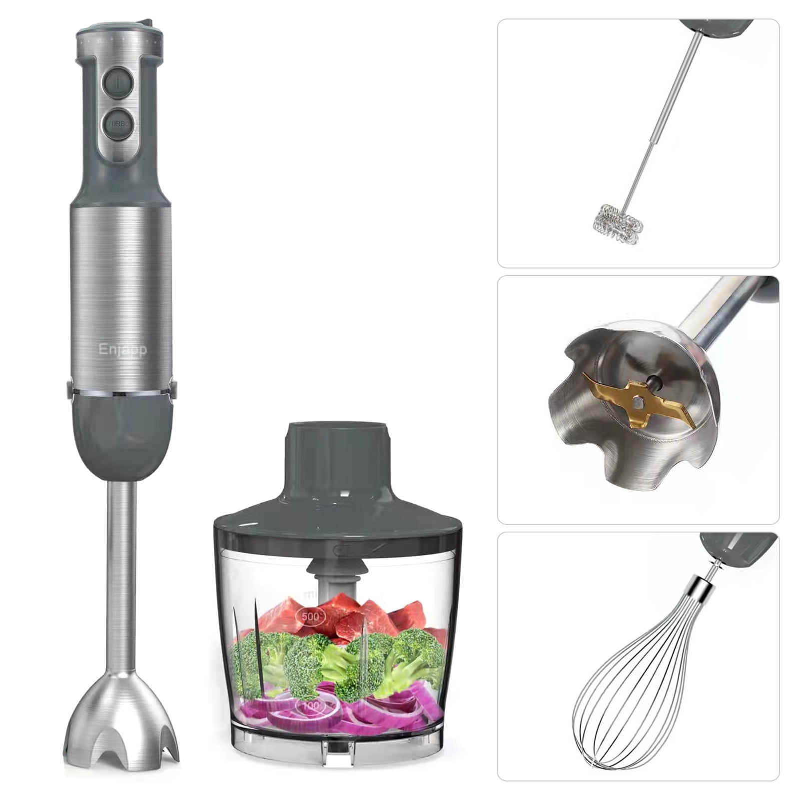 Zootealy Multi-Functional 5-in-1 Hand Blender Stick Blender Milk Frother Egg Whisk with Adjustable Speeds 500ml Food Grinder/ 600ml Container