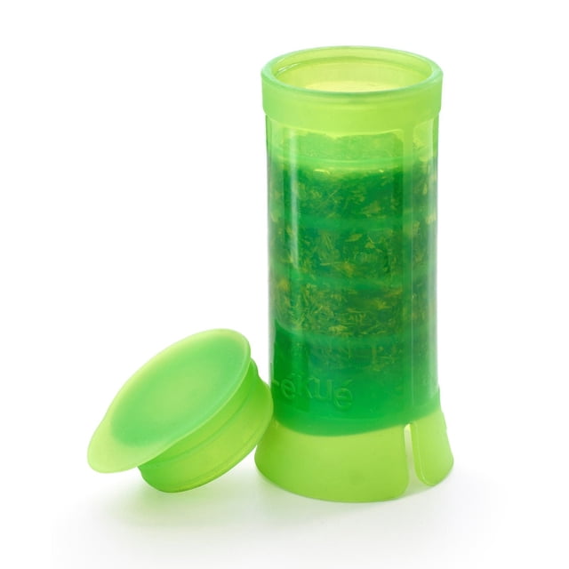 Lekue Herbstick green silicone seasoning container with removable lid, filled with fresh herb and oil dressing, suitable for freezing and adding flavour to dishes, BPA free and heat resistant up to 428°F.