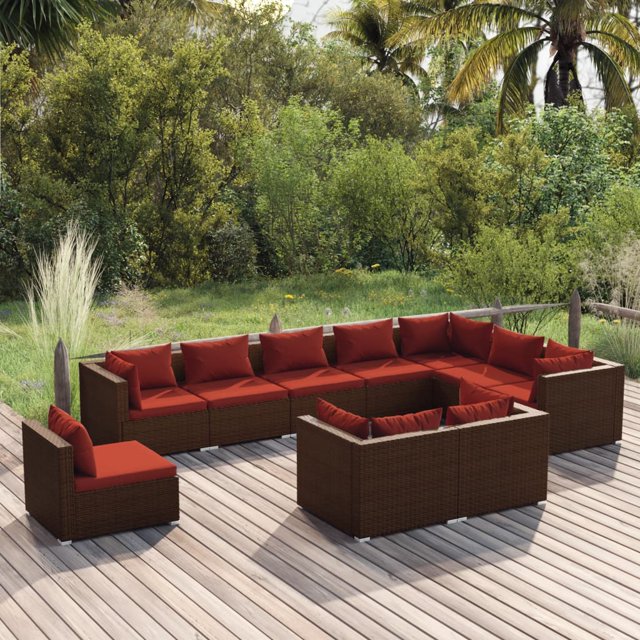 vidaXL Ensemble de Salon de Jardin 10 Pcs avec Coussins Rotin Poly Marron