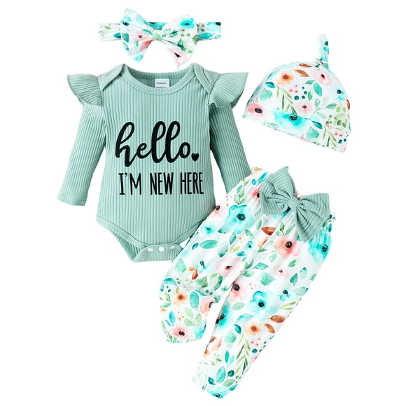 dmqupv Long Sleeve Romper Girl Outfit Baby Girl Going Home Outfit Ruffle Ribbed Romper Top Floral Pants Set Cute Clothes Green,Size for Newborn