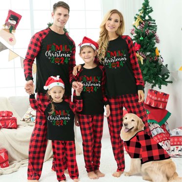 Pisexur Family Christmas Pajamas with Dog Fashion Print Xmas Pajamas Matching Sets Long Sleeve Round Neck Tee Tops Pants Family Matching Outfits for Men/Women/Kids