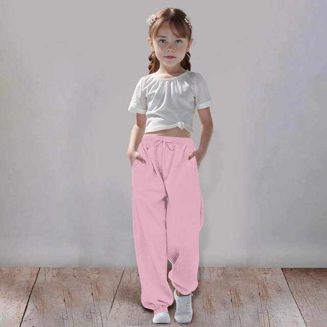 PMVFHDE Kids Pants Medium And Large Children Casual Girls Solid Color Drawstring Sweatpants,Pink,7-8 Years