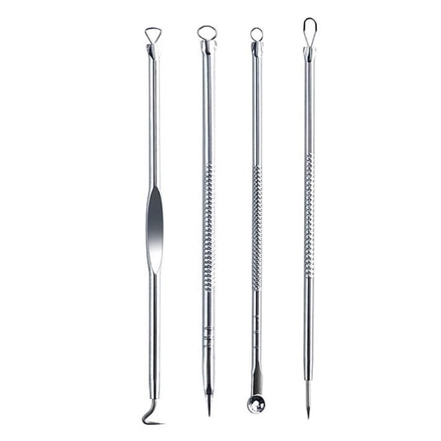 Pimple Popper Tool Kit, Blackhead Extractor tool for Face, Extractor Tool. A set of four stainless steel blackhead removal tools with polished finishes, featuring ergonomic non-slip handles for precise use. Each tool is designed for removing blackheads, acne, and blemishes safely without causing skin damage or inflammation. The tools are displayed against a white background, showcasing their various loop and pointed tip designs.