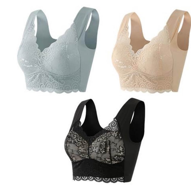 Timegard Bras for Women Plus Size Wirefree Flower Lace Back Smoothing Comfortable Full-Support Bralette