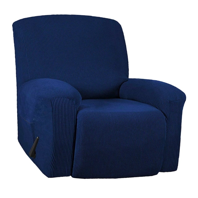 Housse de Fauteuil Inclinable 1 Pce Slipcovers en Jacquard Doux à Haute Extensibilité, Housse de Fauteuil Inclinable Bleu Foncé. Cette Housse Est Fabriquée en Tissu Jacquard 95 % polyester et 5 % Élasthanne, Offrant un Ajustement Doux et Élastique. Conçue pour s'Adapter aux Fauteuils Inclinables de Largeurs Entre 26-34 Pouces, aux Hauteurs de Dossier Entre 29-37 Pouces et aux Longueurs de Chaise Entre 24-37 Pouces. la Housse Bleu Foncé Comprend des Bâtons en Mousse pour un Ajustement Sécuritaire et une Poche pour Plus de Commodité. Idéale pour