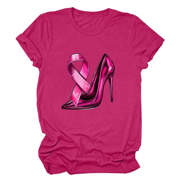 JIRNDf T-Shirt pour Femmes, Mode Estivale Tendance, Manches Courtes, Col Rond, Impression Cancer du Sein, T-Shirts Graphiques Amples et Mignons pour Femmes, Rose Vif m