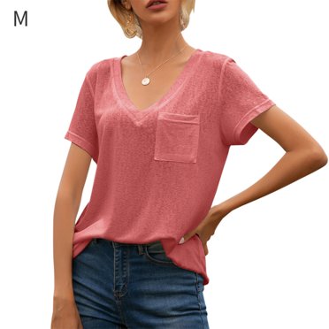 T-Shirt Col en V Blouse d'Été Couleur Unie Manches Courtes T-Shirt d'Été Manches Courtes Ample Femme Haut, L, Rouge