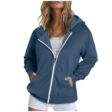 WRKEKC Chandail à Capuchon à Fermeture Éclair Femme Couleur Unie Manches Longues Coupe Ample Fermeture Éclair Contrastante Poches Kangourou Haut Léger et Décontracté pour Femme Bleu Marine TTG