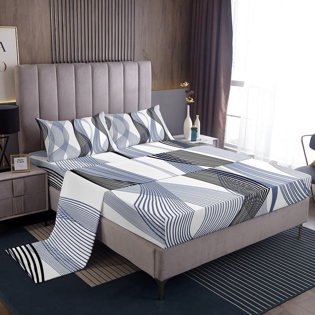 Erosebridal Chic Geometric Sheet Set Full, Steel Blue Stripes Bedding Sets Full Size, Abstract Decor 4 Pieces