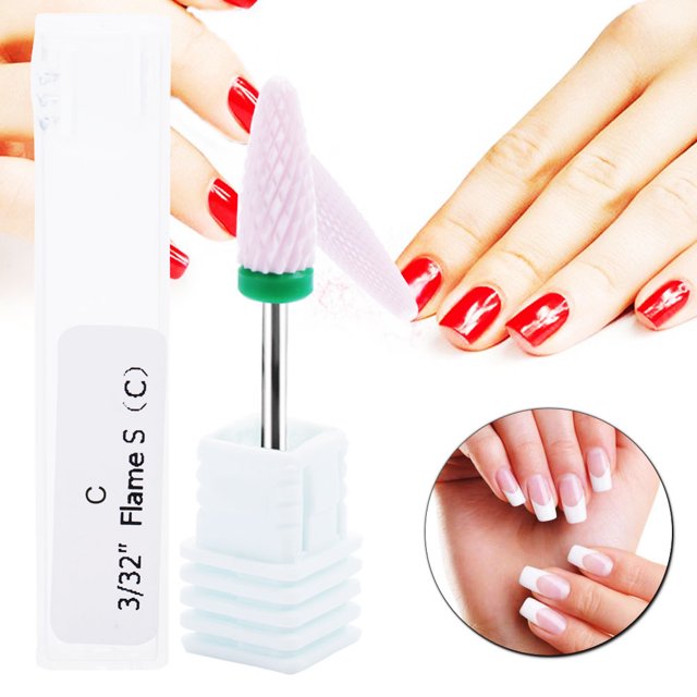 Pink Not Slip Drill Bits For Nails, ceramic and stainless steel nail drill bit with a textured pink head. Ideal for grinding, polishing, peeling, and carving radian on natural and artificial nails. Compact white base for storage, suitable for manicure tools, pedicure drill bits, nail salons, or DIY nail art at home.