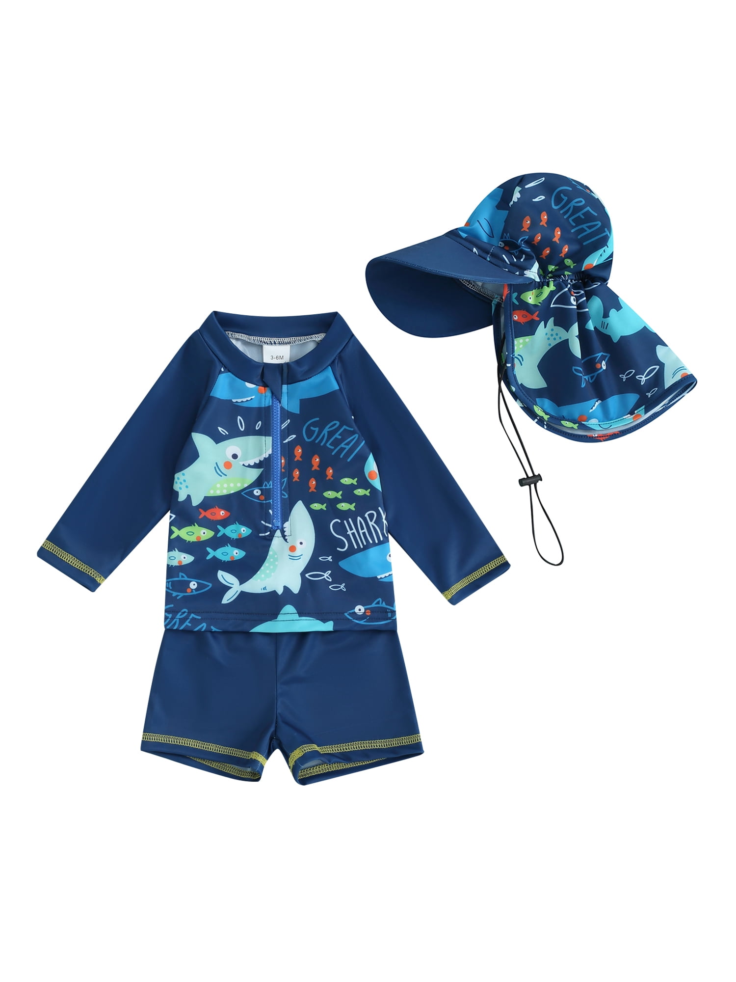 Nituyy Baby Boy 3Pcs Rash Guard Swimsuits Cute Fish Print Long Sleeve Zip Up Bathing Suit Swimwear