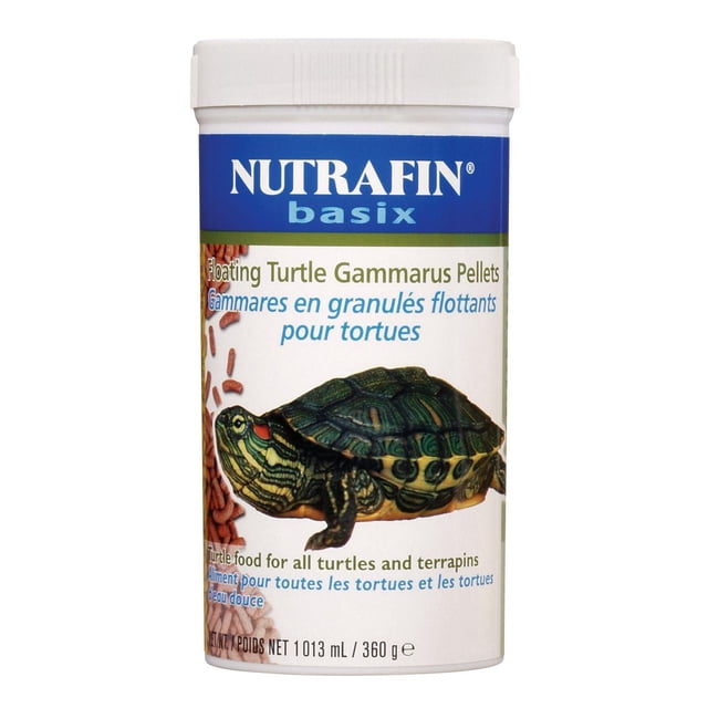 Nutrafin Basix Turtle Gammarus Granule, 360 g, Contenant en Plastique Blanc avec Étiquette Bleue Présentant une illustration de Tortue et des Granules Flottantes Brun Rougeâtre, un Régime Flottant Riche en Calcium Favorisant la Santé de la Coquille pour Tortues et terrapins, Idéal comme Régime de Base pour le Soin des Reptiles.