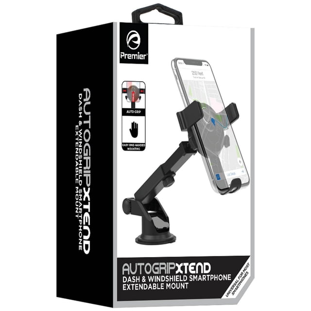 Auto Grip XT Extendable Windshield & Dash Smartphone Mount with a black extendable arm and suction base holding a smartphone displaying a GPS navigation map, featuring auto grip arms for secure one-handed mounting on car dashboards or windshields, ideal for stable phone use during driving.