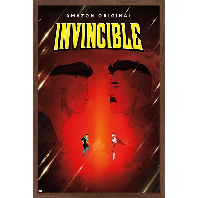 Invincible - Affiche Murale Père et Fils en une Feuille, 22,375 Pouces x 34 Pouces, Représentant Deux Superhéros Masculins Animés Se Affrontant sur un Fond Dégradé Rouge avec de Grands Profils Ombrés derrière, le Titre « Invincible » en Lettres Jaunes Audacieuses en Haut et « Amazon Original » au-Dessus, Imprimé sur Papier d'Affiche Lustré avec un Cadre en Bois, Idéal pour la Déco Maison et l'Art Mural.