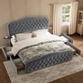 thumbnail image 3 of GUNAITO King Size Bed Frame with 4 Storage Drawers, Velvet Upholestered Platform Bed with Wingback Buttons Headboard and Bedside Storage Board, Grey, 3 of 11