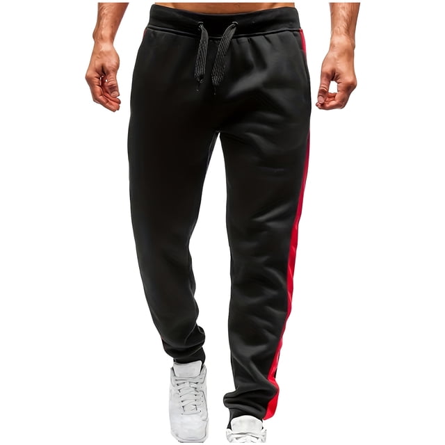 Pisexur Mens Sweatpants Elastic Waist Drawstring Workout Pants for Men Casual Lightweight Sweat Pants with Pockets Elastic Bottom Plus Size Sweatpants S-3XL. Black sweatpants with a red side stripe, featuring an elastic waistband with a drawstring and deep side pockets. Designed for casual wear, workouts, or lounging, made from lightweight, breathable fabric. Shown in a front-facing view worn with white sneakers.