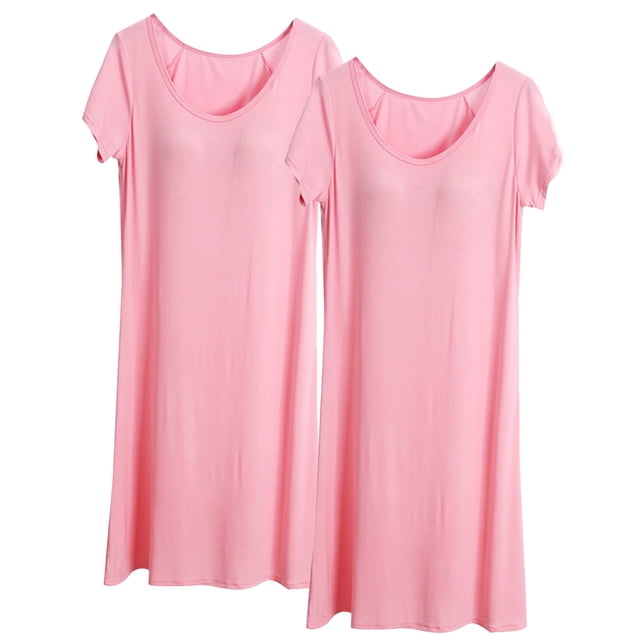 Cameland 2 Pcs Robe de Nuit Longue à Manches Courtes avec Soutien-Gorge Intégré Rembourré pour Femmes, Pyjama, Soutien-Gorge Intégré, Nuisette Décontractée, Longueur Genou, Confortable, Douce, en Modal