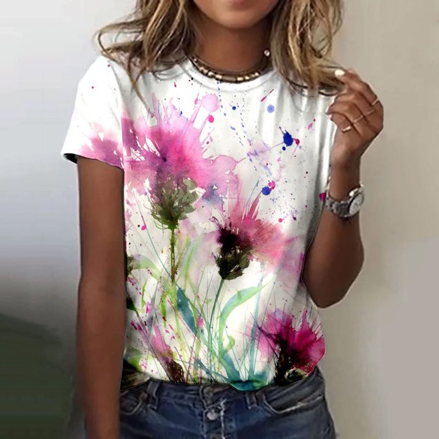 T-shirts pour Femmes Mode Femme Col Rond Été Manches Courtes Blouse T-Shirt Décontracté Imprimé Hauts Blouses pour Femmes Chic en Liquidation