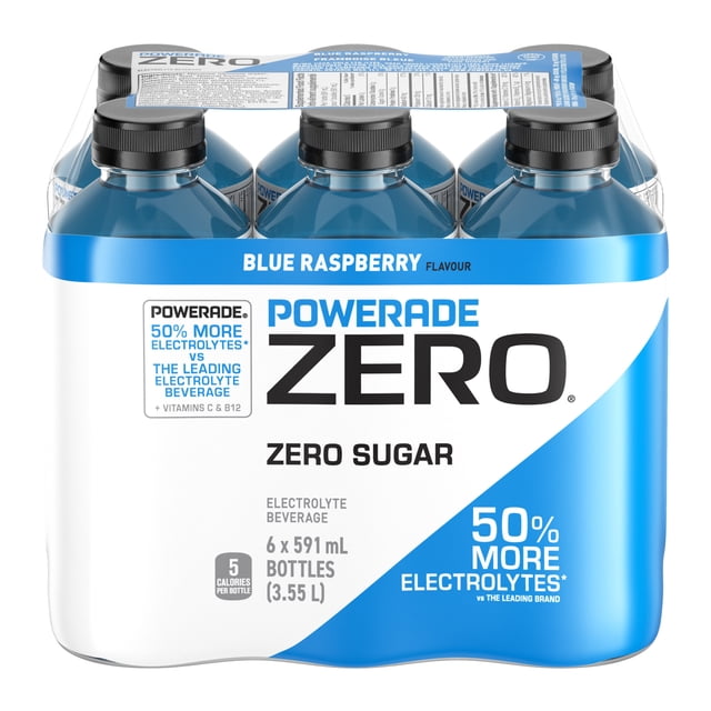 Powerade Zero Bouteilles de Framboise Bleue, 591 ml, Lot de Six Boissons Électrolytes au Sucre Zero avec 50 % Plus d'Électrolytes Que les Grandes Marques, Enrichies en Vitamines C et B12 pour Soutenir l'Hydratation et le Métabolisme Énergétique, en Bouteilles Bleues et Blanches avec Bouchons Noirs.