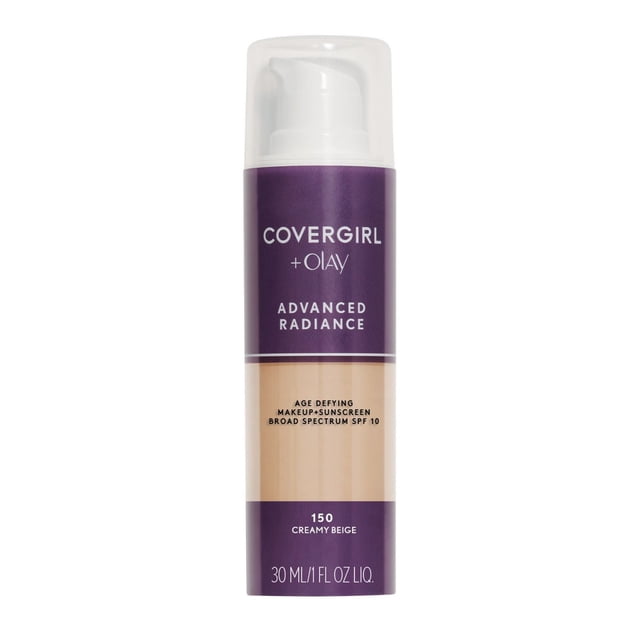 COVERGIRL Advanced Radiance Fond de Teint Anti-âge en Bouteille à Pompe de 30 ml. le Fond de Teint Liquide, Montré en Teinte 150 Beige Crémeux, Présente un design Violet et Transparent avec des Bienfaits de Maquillage Anti-âge et de Protection Solaire. Testé Dermatologiquement, Sans Huile et Convient aux Peaux Sensibles, Réduit les Ridules et les imperfections Tout en Offrant 8 Heures d'Hydratation.