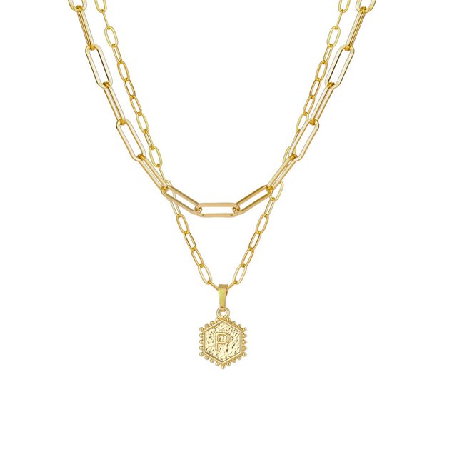 PVCS Collier Chaîne Plaqué Or pour Femmes Pendentif Lettre Hexagonale Collier de Superposition
