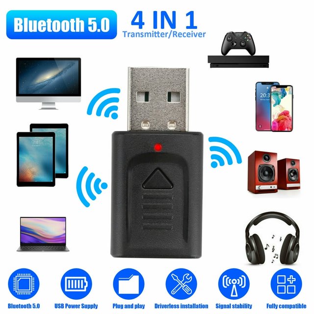 Bluetooth 5.0 Transmitter Receiver 4-in-1 HiFi Wireless Audio Adapter 3.5mm Bluetooth Assisted Adapter for Car TV Headset PC Home Stereo USB Power