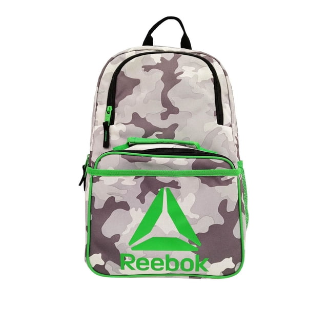 Sac à Dos Riley avec Boîte à Lunch, Sac à Dos Reebok Léger avec Boîte à Lunch Intégrée, Vue Orientée vers l'Avant Montrant un Compartiment Principal Rectangulaire et une Poche Séparée pour Boîte à Lunch; Tissu Résistant à l'Eau, Poches Extérieures Zippées et en Maille, Bretelles Rembourrées et Poignée Supérieure de Transport sur Fond Uni. Convient à l'École Ou aux Déplacements et Est Souvent Utilisé comme Organisateur de Voyage compact.