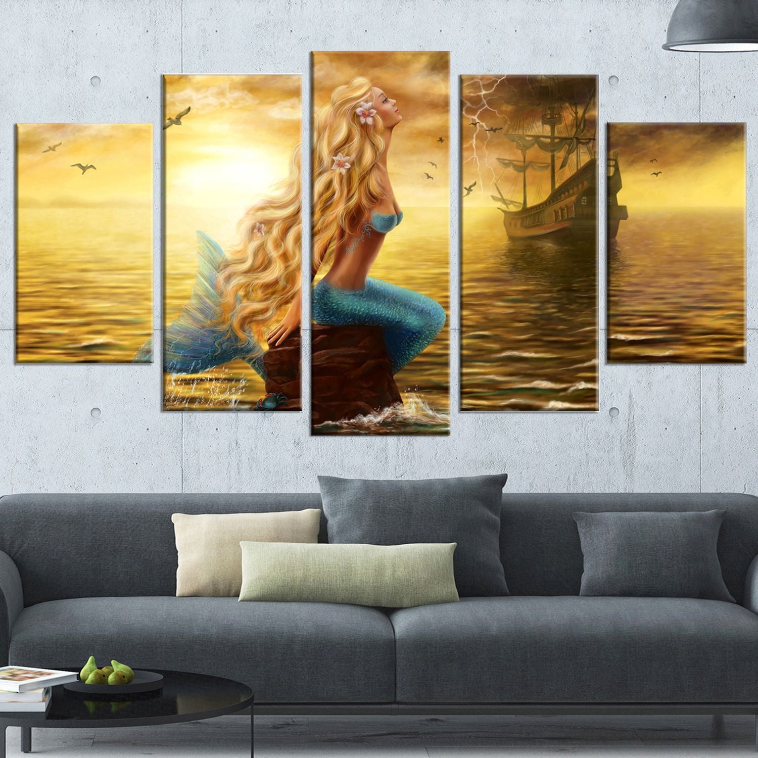 Design Art Sea Mermaid with Ghost Ship Seascape Digital Canvas Print