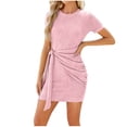 thumbnail image 4 of Dvkptbk Womens Summer Bodycon Dress Solid Color Crew Neck Party Dress Ribbed Slim Fit Ruched Bodycon Casual Mini Dresses, 4 of 7