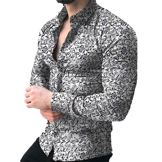 Innerwin Blouse Lapel Neck Mens Tops Work Long Sleeve Single Breasted Shirts White M