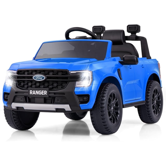 Licensed Ford Ranger Ride on Car for Kids by OLAKIDS in a vibrant blue color. This 12V electric vehicle features a realistic design with LED headlights, a steering wheel, and a foot pedal. It includes dual driving modes with parental remote control and manual operation for kids aged 3-6 years. The car is equipped with wear-resistant wheels, a suspension system, and non-slip tires for stability on various terrains. Additional features include a multimedia player with Bluetooth, USB, and MP3 compatibility, as well as a 5.5 lbs storage space behind the seat. The car measures 41.5” x 25” x 23.5” and supports up to 66 lbs.
