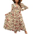 thumbnail image 1 of Robe Maxi pour Femmes Col en V Manches Longues Imprimé Floral Robe Évasée à Volants, 1 of 7