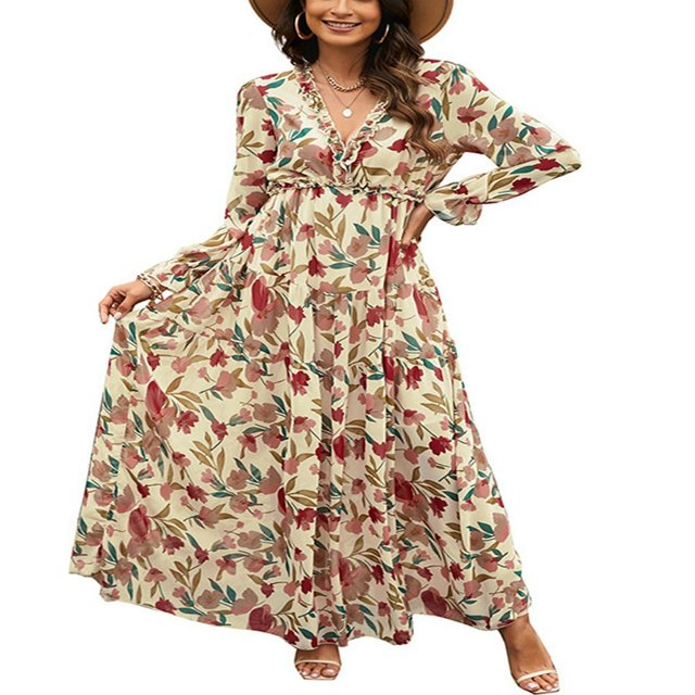 Robe Maxi pour Femmes Col en V Manches Longues Imprimé Floral Robe Évasée à Volants
