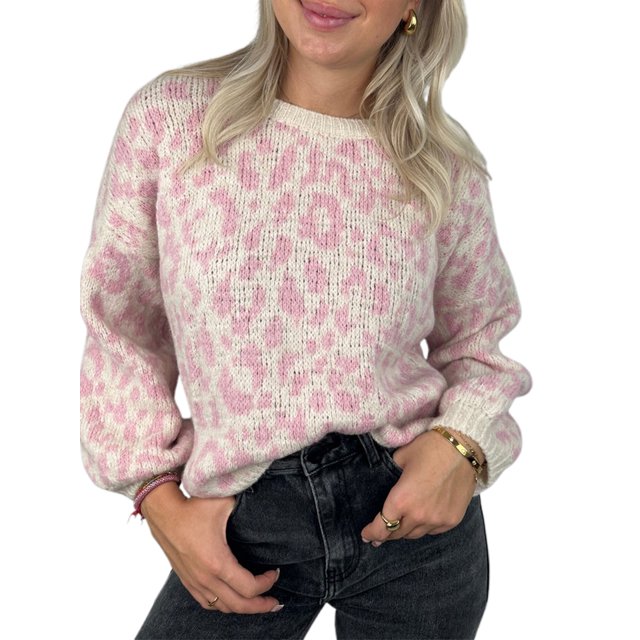 Honganda Pull Ample d'Automne pour Femmes Motif Léopard Manches Longues Tricot