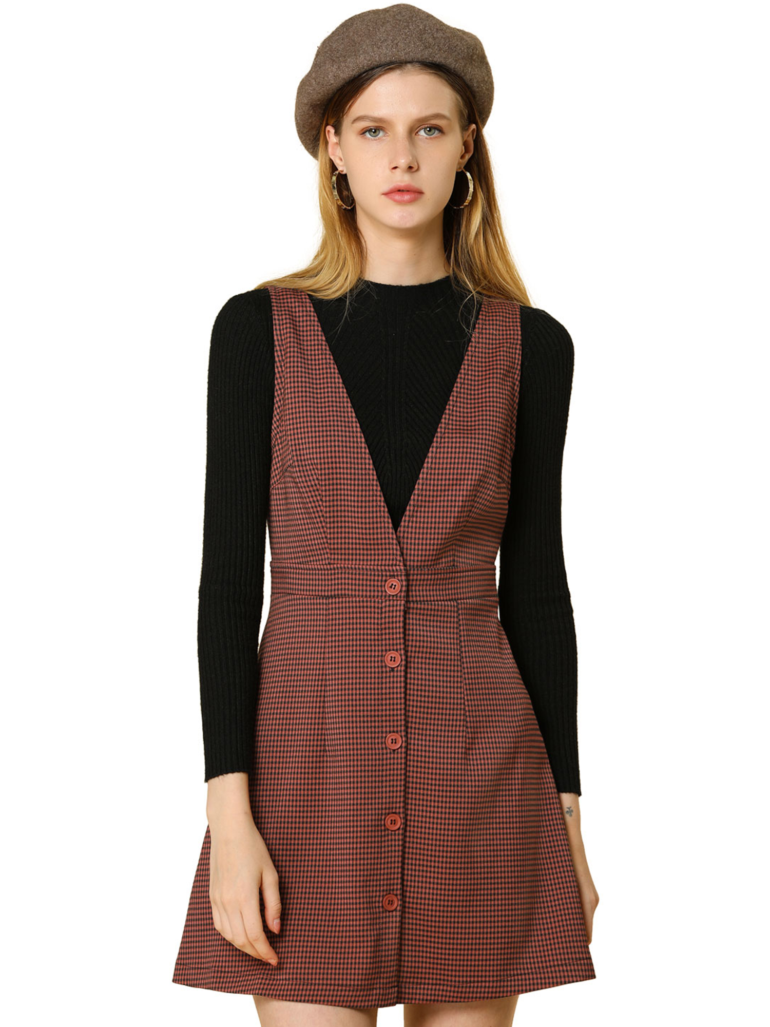 INSPIRE CHIC Women's Overall Suspender Check Houndstooth Pinafore Dress