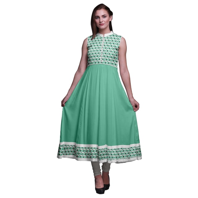 Bimba Robe Anarkali Géométrique Vert Mer Col Mandarin Sans Manches Kurtis pour Femmes Imprimé Robe Maxi X-Small