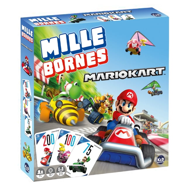 Mille Borne - Mario Kart board game box featuring Mario in a red kart leading a race with Yoshi in a bee-themed kart, Bowser, Peach, and Luigi flying hang gliders, with milestone cards for 200, 100, and 75 kilometers. This classic board game for ages 7 and up supports 2-6 players and quick 15-minute rounds, combining Mario Kart characters with the traditional 1000 km racing gameplay.