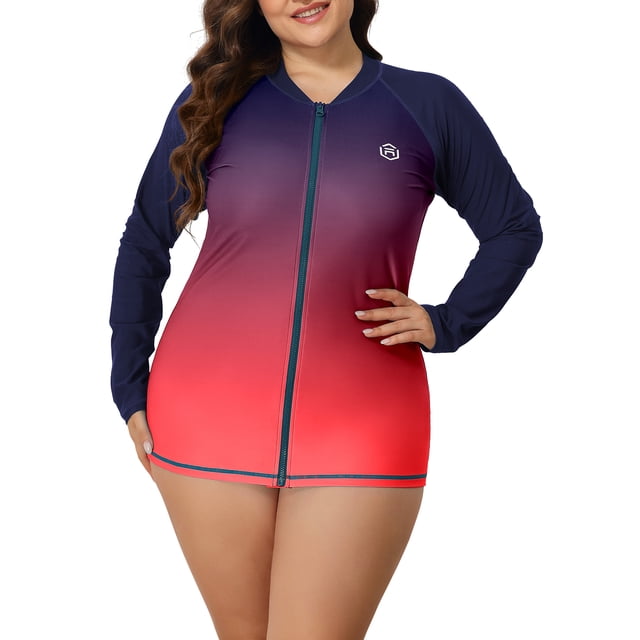 Charmo Womens Plus Size Long Sleeve Rash Guard Top Zipper Surfing Swim Shirt with a gradient design transitioning from navy blue to vibrant red. This plus size UV swim shirt features a front zipper for easy wear, long sleeves for sun protection, and a crew neck for a professional look. Made with quick-drying, stretchy fabric for comfort and mobility, ideal for swimming, surfing, paddle boarding, and other outdoor activities.