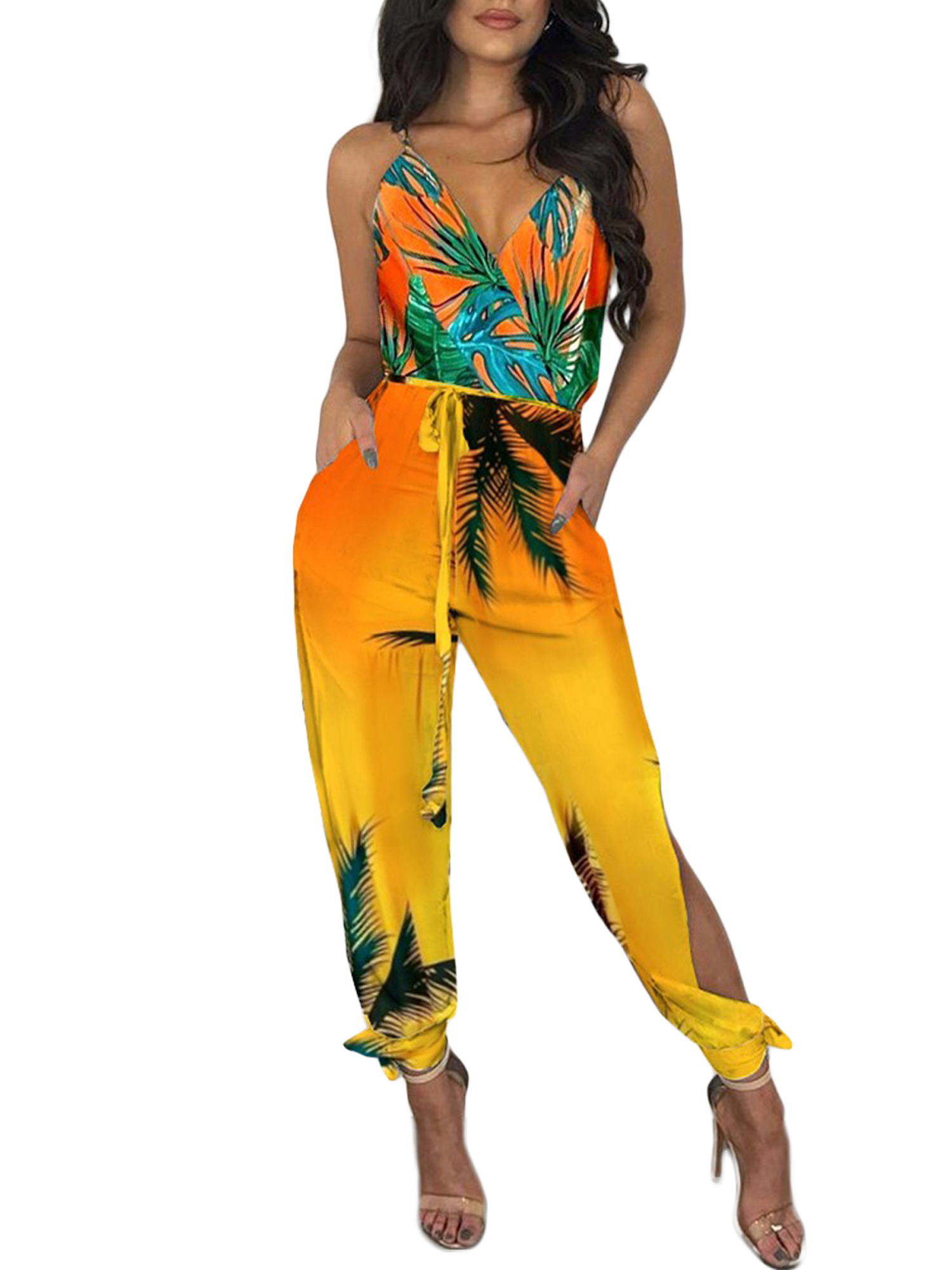 Kmbangi Women Sexy Jumpsuit+Printed Pattern Deep V-neck Sleeveless Overalls