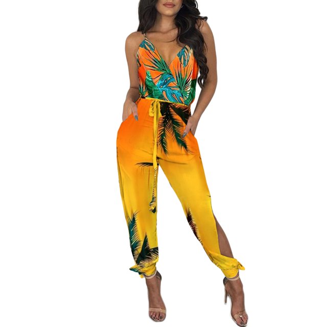 Kmbangi Women Sexy Jumpsuit+Printed Pattern Deep V-neck Sleeveless Overalls
