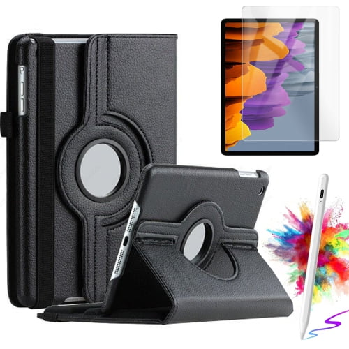 Rotating case with screen protector and stylus pen for Samsung Galaxy Tab S10 Lite, S10 FE, S9 FE 5G 10.9 inch, and Tab S9 11 inch in black. This tablet case features a durable black PU leather exterior with a circular rotating mechanism for multi-angle viewing. Includes a tempered glass screen protector and a white stylus pen. The protective cover offers full protection with a hard TPU back, microfiber-lined front cover, and precise cutouts for easy access to ports and controls. Slim and lightweight design with trifold stand functionality for reading, typing, or watching videos.